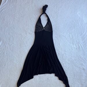 Vintage Elegant Black Halter Dress with Rhinestone Details